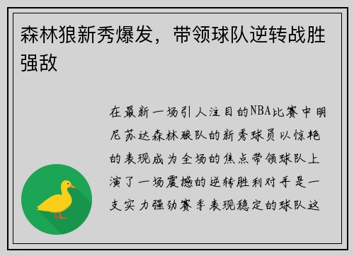 森林狼新秀爆发，带领球队逆转战胜强敌